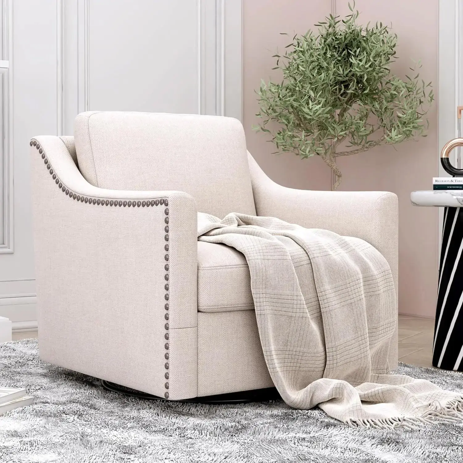 Oversized Swivel Accent Chair,Chenille Fabric Large Comfy Reading Chairs,Mid Century Modern Living Room Chair,Wide Arm Chair