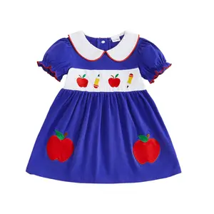 Imcute Toddler Back to School Outfits for Girls Summer Dresses Short Sleeve Doll Collar Apple Pencil Embroidery Clothes