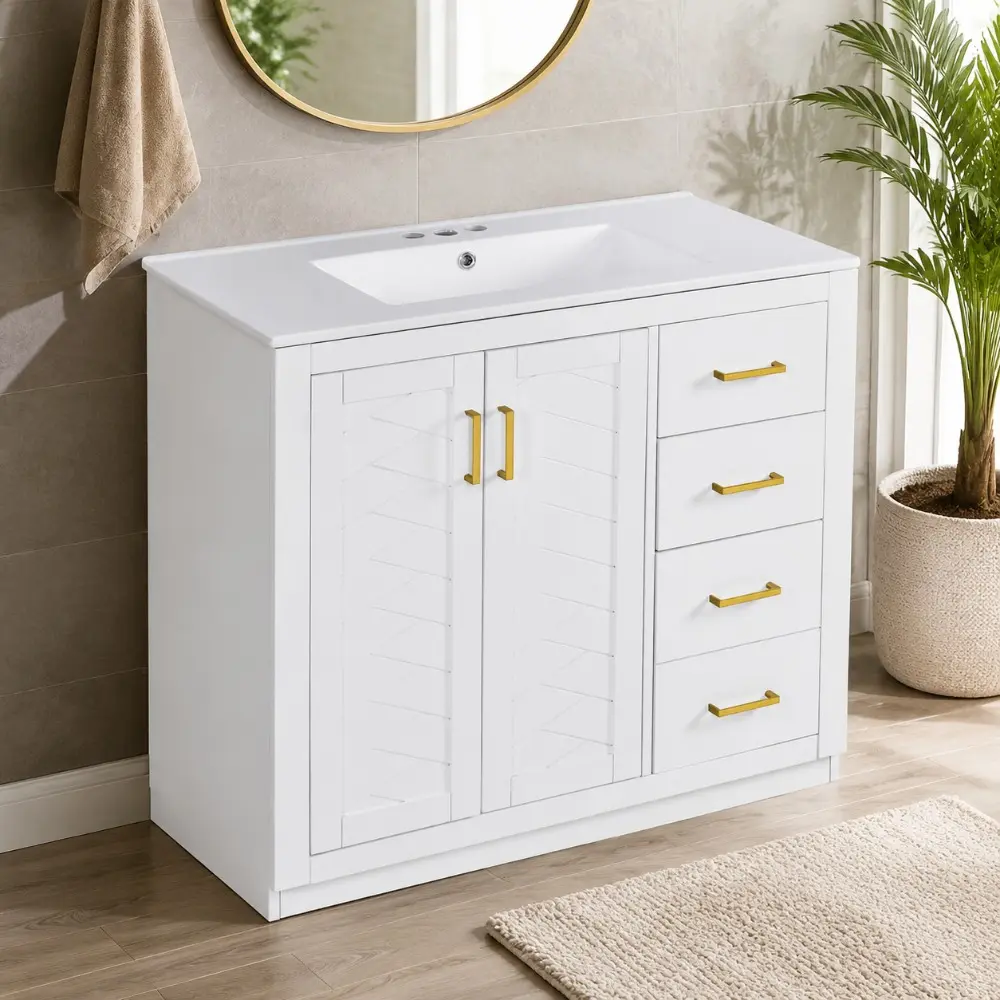 Littleox 36'' Bathroom Vanity with Ceramic Sink Combo, Solid Wood Frame Bathroom Storage Cabinet, Freestanding Vanity Set with 3 Drawers& Soft Closing Doors