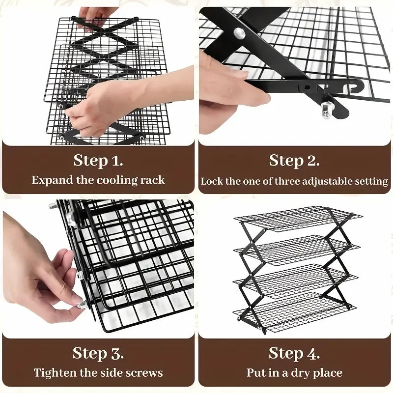 4-Tier Foldable Cooling Rack, Baking Pan Wire Rack, Outdoor Picnic Rack, Adjustable 4 Setting Designs, Collapsible Food Display Stand, Multi-Purpose Serving Tray, Camping Grill for for Baking, Roasting, Grilling, Picnics, with 20pcs Parchment Paper