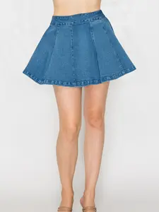 Women's Denim A Line Zip Up Elastic Waist Skirt with Inner Short Flared Design