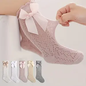 5 Pairs of Sweet Princess High Socks with Butterfly Bows for Spring And Summer, Breathable Thin Baby Socks with Loose Openings.
