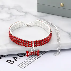 Three-Row Elastic Pet Rhinestone Necklace Dog Bone Pendant Chain Cat Dog Collar Pet Supplies Small Dog Accessories