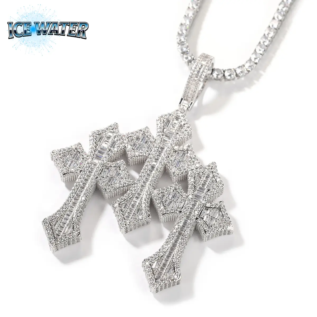 ICE WATER Triple Cross pendant Copper Ladder Square Pendant Necklace Classic Retro Cross Design, Hip Hop Jewelry, Fashionable Men's Accessory, Zirconi