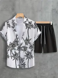 Two-Piece Shirt Set with Drawstring Waist, Short Sleeve Boho Blouse and Shorts, All over Print, Tropical Summer Men's Comfortable
