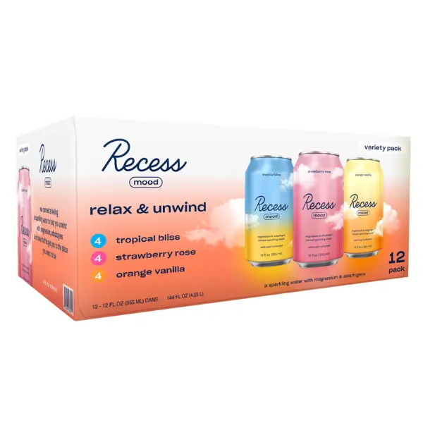 Recess Mood Sparkling Water Variety Pack with Magnesium & Adaptogens – 12 fl oz Cans, 12 Pack