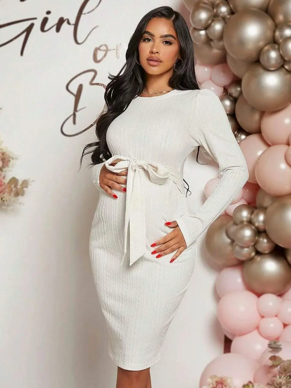 Maternity Body-Hugging Belted Dress Long Sleeve Baby Shower Essential