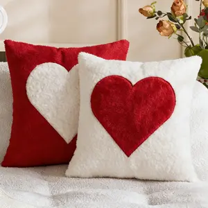 Heart Pillow Covers 18x18 inch Set of 2 Red Heart Soft Plush Faux Fur Jacquard Throw Pillows for Bedroom Sofa Holiday Festive Home Decor