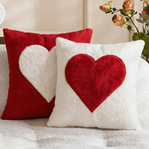 Heart Pillow Covers 18x18 inch Set of 2 Red Heart Soft Plush Faux Fur Jacquard Throw Pillows for Bedroom Sofa Holiday Festive Home Decor