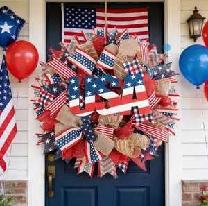 24-in Patriotic Front Door Wreath, 4th of July Decor with Red White Blue USA Tags for American 250th Independence Day Memorial Day, Festive Home Door Hanger Gift
