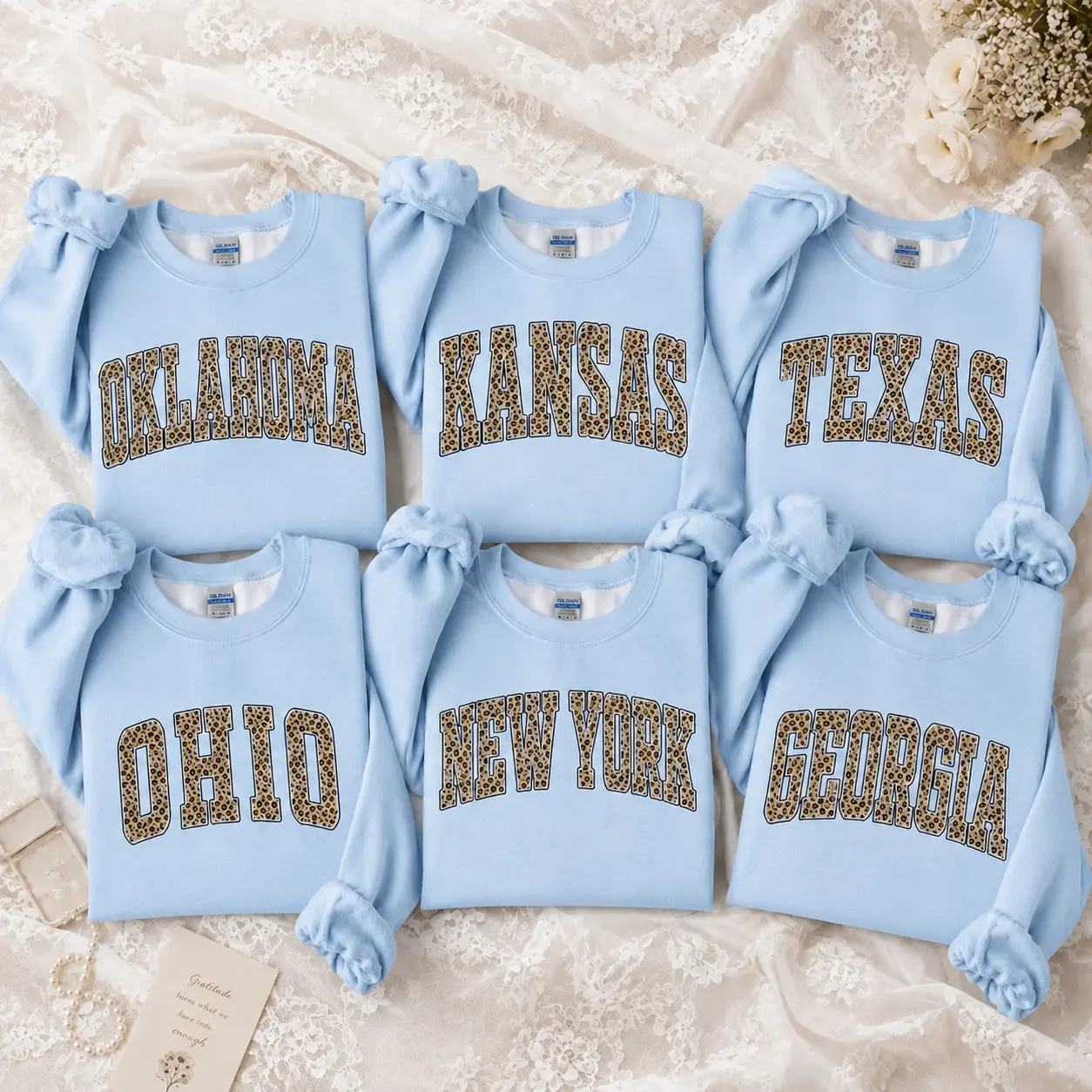 Custom State Name Leopard Print Crewneck, Personalized Oklahoma Kansas Texas Ohio New York Georgia Sweatshirt Vintage College Letter Pullover, Matching Family Gift, Unisex Sweatshirt Light Blue - TrendWear USA