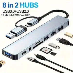 8-In-2 USB C Hub with Audio Jack | Compatible with Tablets, USB Powered, 5V Operating Voltage