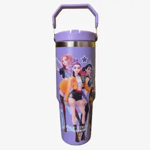 Super Demon Hunters Win Insulated Water Bottle with Soft Handle, Cartoon Characters, and Pastel Color