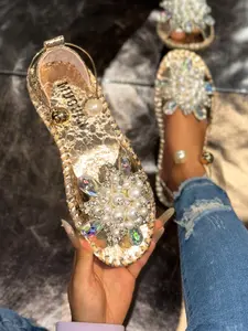 Elegant Rhinestone Flower Sandals for Women, Soft Sole Anti-Slip Rubber Summer Outdoor Shoes, Pearl Buckle Cracked Bottom, Fairy Style Open-Toe