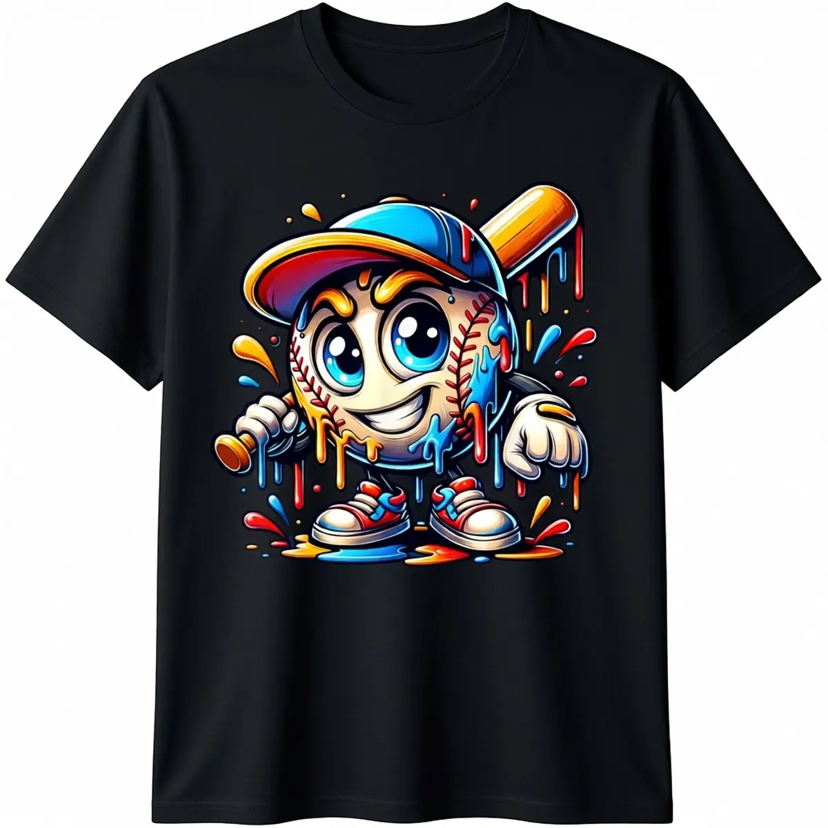Men's Casual Cotton Shortsleeve Round Neck Tshirt - Fashion Menswear Streetwear Clothes Top with Baseball Mascot Drip, Ice Cream Drip Graphics