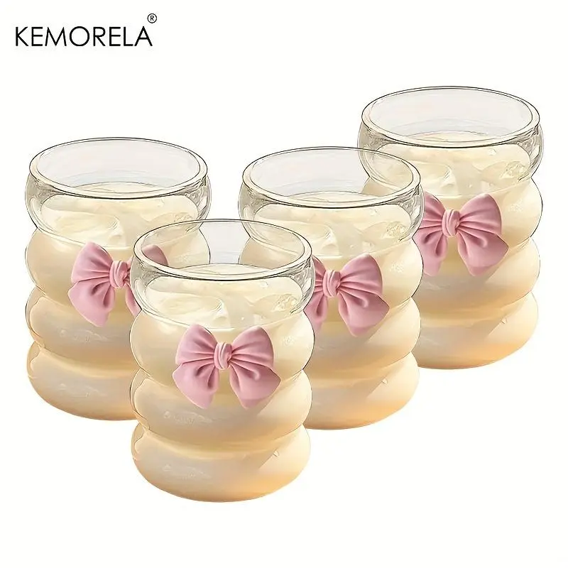 Bow Shaped Glass Cup, 1/2/4 Counts Reusable Clear Glass Cup for Coffee, Juice, Milk and Tea, Summer Cool Bottle Multi-purpose Drinking Cup for Home Office, Drinkware, Stylish Glass Cups, Glass Beverage Cups, Drinking Glassware