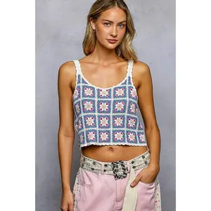 POL Scalloped Edge Cropped Crochet Cami with Granny Square Pattern