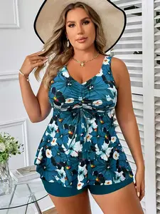 Plus Size Women Summer Beach Tropical Plant Print Drawstring Wrap Halter Top, Casual Boho Style, Comfortable and Stylish