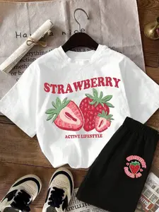 Women's Strawberry Print Short Sleeve Tee & Shorts Two-Piece Set, Casual Round Neck T-shirt & Skinny Shorts, Summer Clothes for Outdoor, Womenswear
