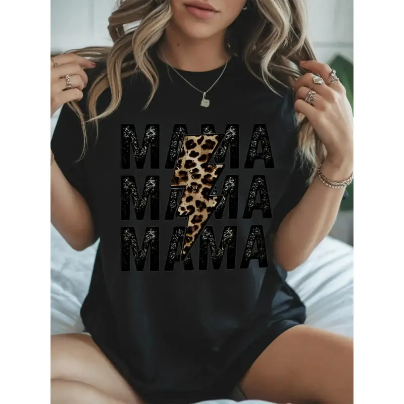 Women's Round Neck Lightning Leopard Print Short-Sleeve Tshirt - Sporty Chic Sports Top with Letters, Daily Casual Clothes for Moms