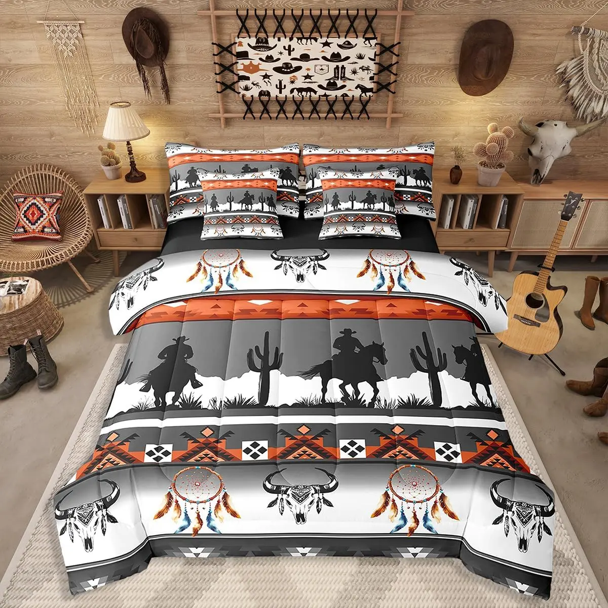 Feelyou 7-Piece Western Horse Bed-in-a-Bag Set, Boho Machine-Washable Comforter with Longhorn Skull, Dream Catcher, Cowboy Aztec Designs, Multi-Size Wild West Outfit for Teen Bedrooms, Seven Pieces