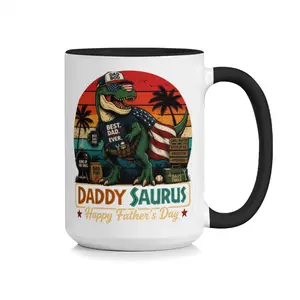 "Daddysaurus" Funny T-Rex Dad Coffee Mug 11oz & 15oz, Retro Sunset "Best Dad Ever" Grill Master Print Ceramic Cup, American Flag Dinosaur with Dad Bod Hat, Perfect Father's Day Gift for Grill-Loving Dads