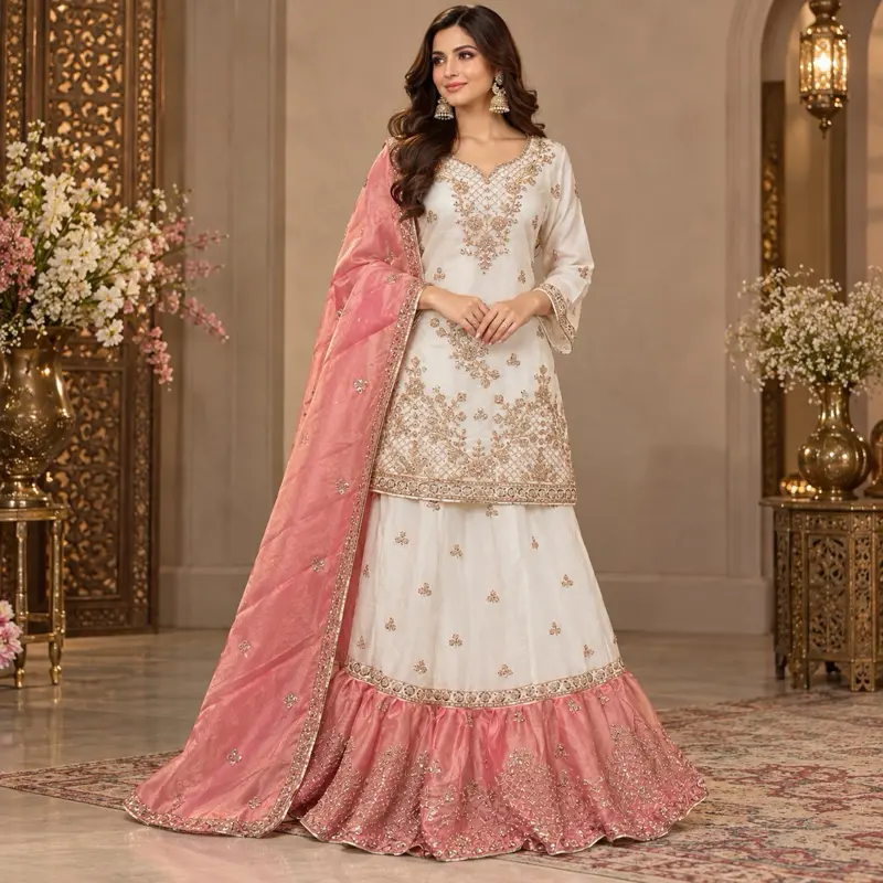 Farshi lehenga bridal with Beads Work Embroidered Sharara Suit Set - Off-White Blouse & Skirt Base with Heavy Golden Dori, Beadwork Details Ready for Eid 2027 for standing wonderful collection