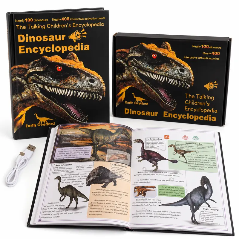 Kids Touch-Activated Dinosaur Learning Book - Unisex Educational Language Toy, Interactive Talking Encyclopedia, 100+ Dino Pics, 400+ Touch Points, Voice Content, Phthalate-Free, PVC-Free, Great Gift for Dinosaur Lovers Ages 3-8, Includes Batteries