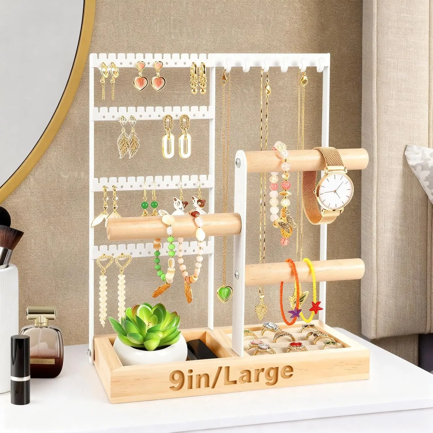 Multilayer Rectangular Metal Space Saver Standing Jewelry Organizer Shelf - Smooth White Vintage Hollow Steel, 4-Tier 48-Hole Earring Holder, 6-Hook Necklace Rack, Bracelet & Ring Stand with Wooden Box, Cotton-Infused Home Organizer Gift for Women, Mother