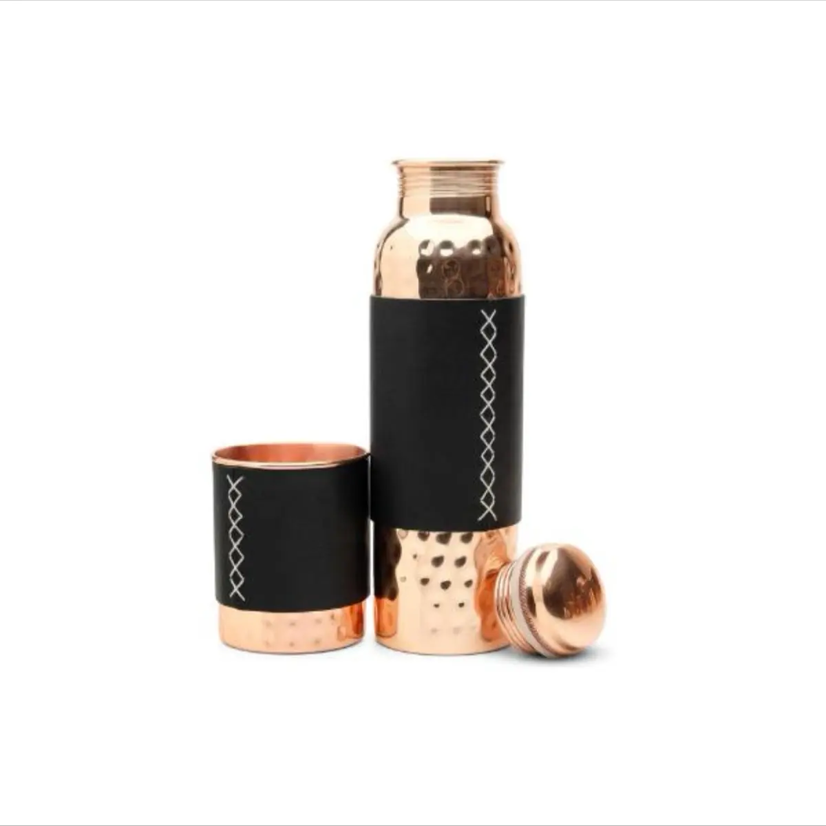 Kitchen Science Pure Copper Water Bottle (32oz/950ml) with Tumbler and Black Leather Sleeves - Drinking Bottle, Drink Drinkware coffee cup holiday