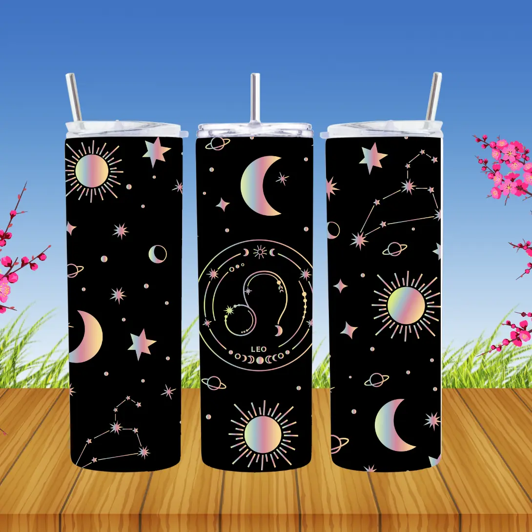 Leo Travel Tumbler | Astrology Birthday Gift for Her | Reusable Zodiac Cup with Straw | Cute Leo Art Design