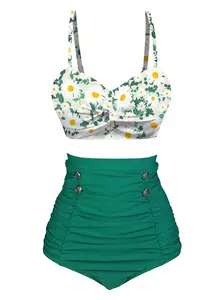 GREEN 1950S DAISY STRAP PLEATED SWIMSUIT Flower Print Bikini Floral Bikini Top