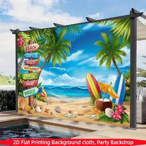 Tropical Hawaiian Beach Party Background Banner, made of polyester material, featuring palm trees, surfboards, and beach scenes - suitable for home, room, wall, and party photo props, room decoration, home decor, and holiday party supplies