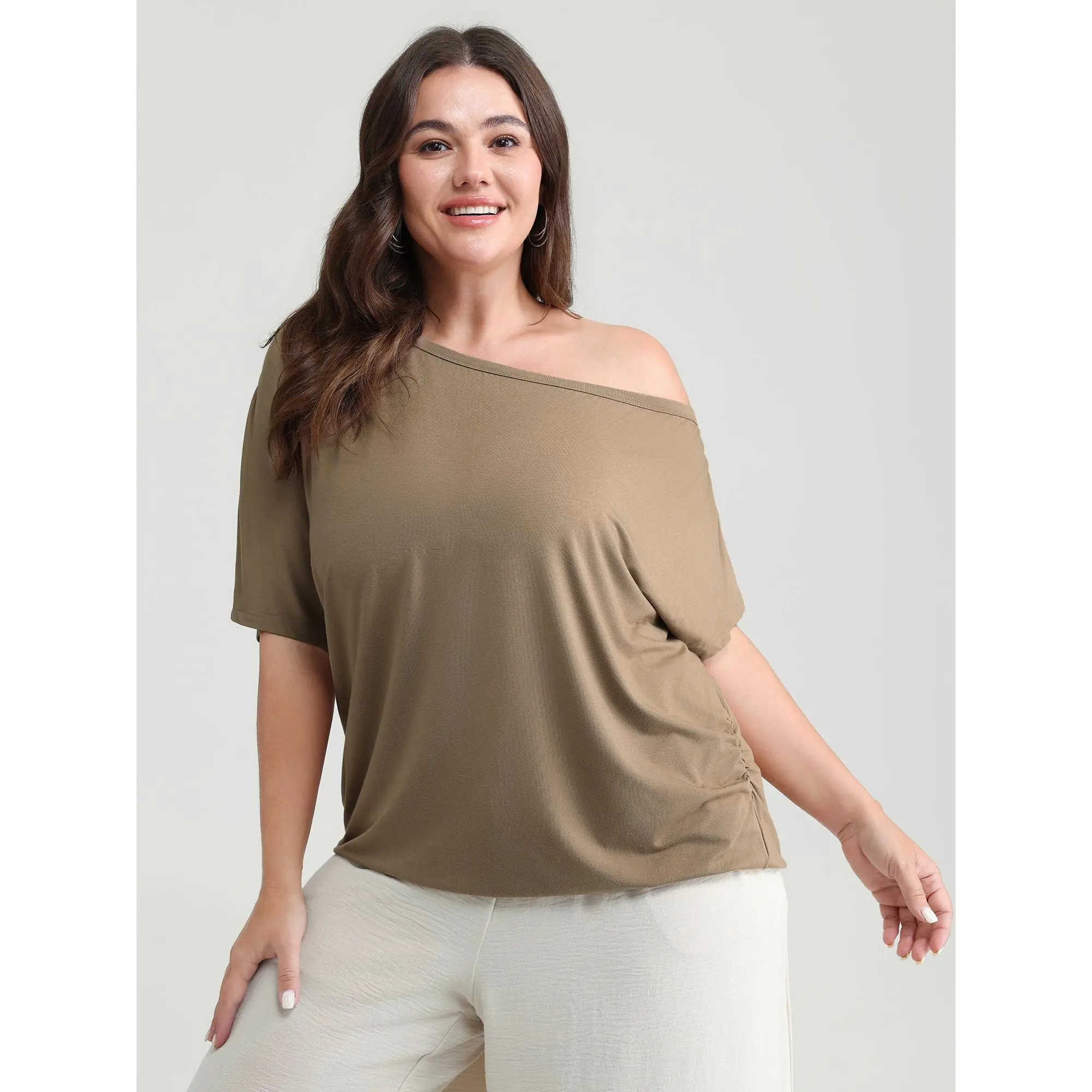 BloomChic Plus Size Casual 1-Shoulder Draped Dolman Half Sleeve Blouse in a High Stretch Rayon Blend, Fit, Fabric, Regular Length, Pull On, Plain Knit, Do Not Tumble Dry, Loose-Fitting, Machine Wash