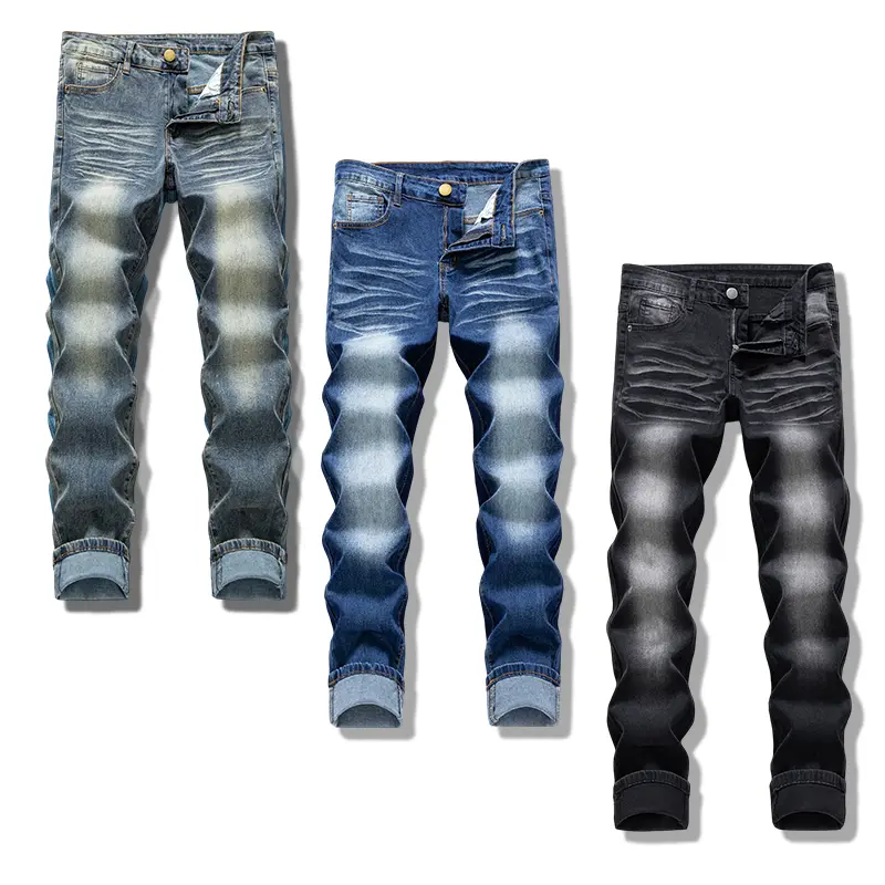 Clean Gent men’s washed vintage slim straight jeans made from classic cotton fabric—stretchy, close-fitting, comfortable casual jeans suitable for all seasons; fashionable street-style menswear.