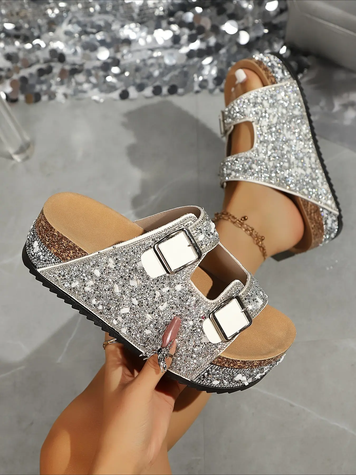 Sparkly Rhinestone Double Strap Platform Slides, Adjustable Buckle Wedge Sandals, Embellished Platform Sandals, Casual Non-Slip Summer Shoes for Women