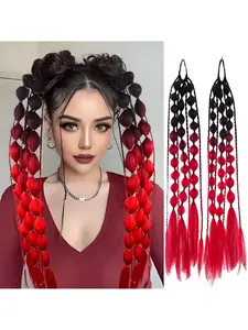 2 Pieces Lantern Braid Ponytail Wigs, Gradient Bubble Ponytail Braided Hair, 24 Inch Synthetic Fiber Extensions, Punk Style