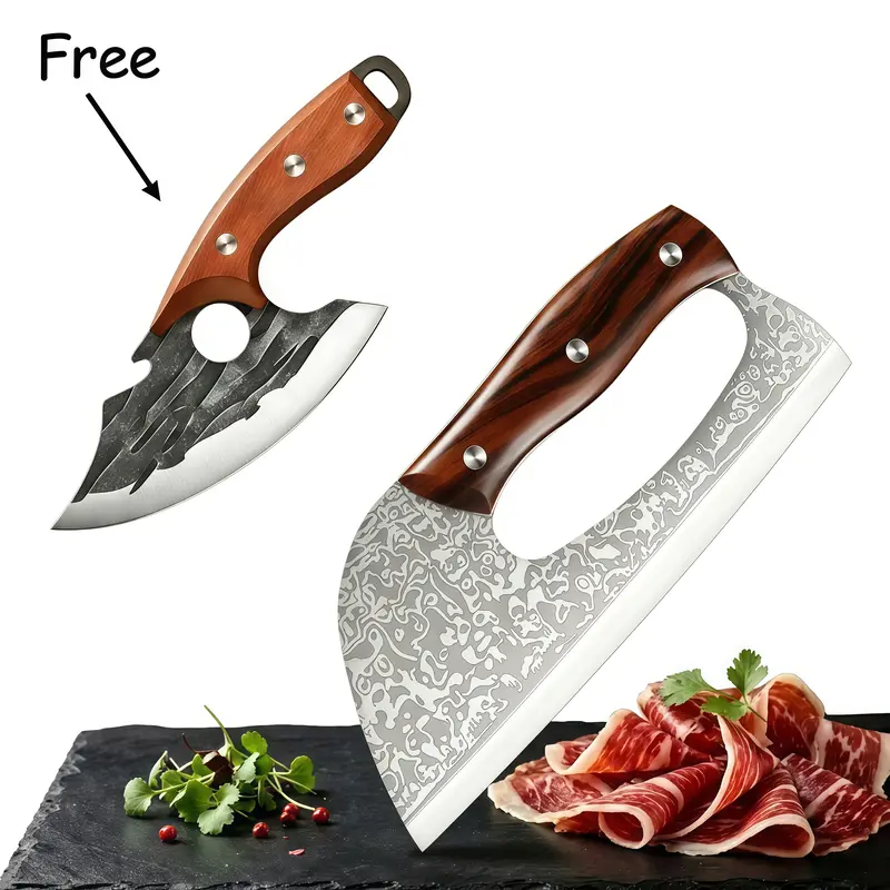 2PC Set Forged Kitchen Knife Set - Sharp Durable Meat Cleaver Chef Knife, Ergonomic Non-Slip Handle, Precision Cutting Bone Chopper Gift Box