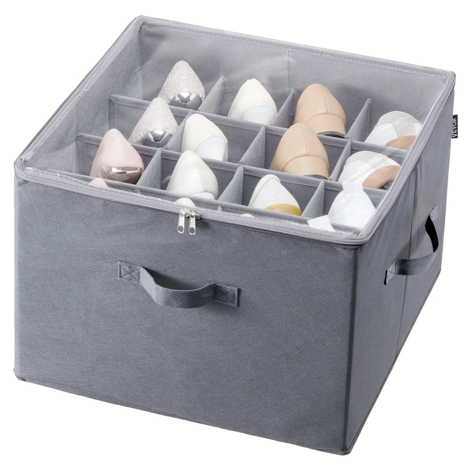 【summerfinds】VEVOR Under Bed Shoe Storage, under bed shoe organizer fits 16 pairs, Sturdy Shoe Box with Clear Cover & Adjustable Dividers (17×17×12.4 In) for Bedroom, Closet, Dorm, Apartment - Grey