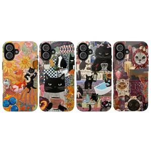 Artistic Black Cat Collage Phone Case – Vintage Retro Design with Whimsical Cats, Coffee Cups & Florals, Funky Mixed Media Aesthetic Gift for Cat Lovers, Fits iPhone 17, 16, 15, 14, 13, 12, 11, XS & Samsung Galaxy S21–S25