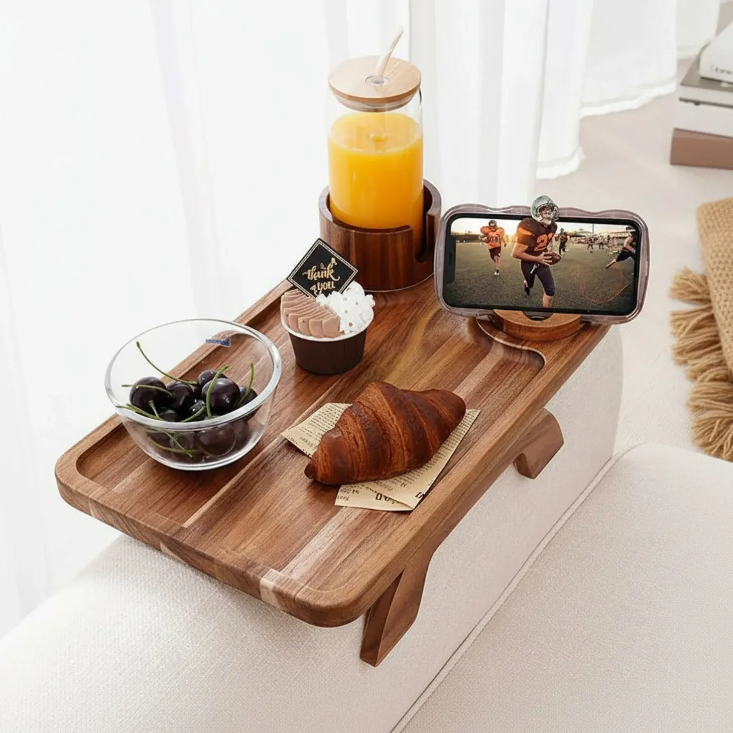 Sofa armrest tray and three-in-one clip-on desktop TV tray with rotating cup holder And mobile phone stand