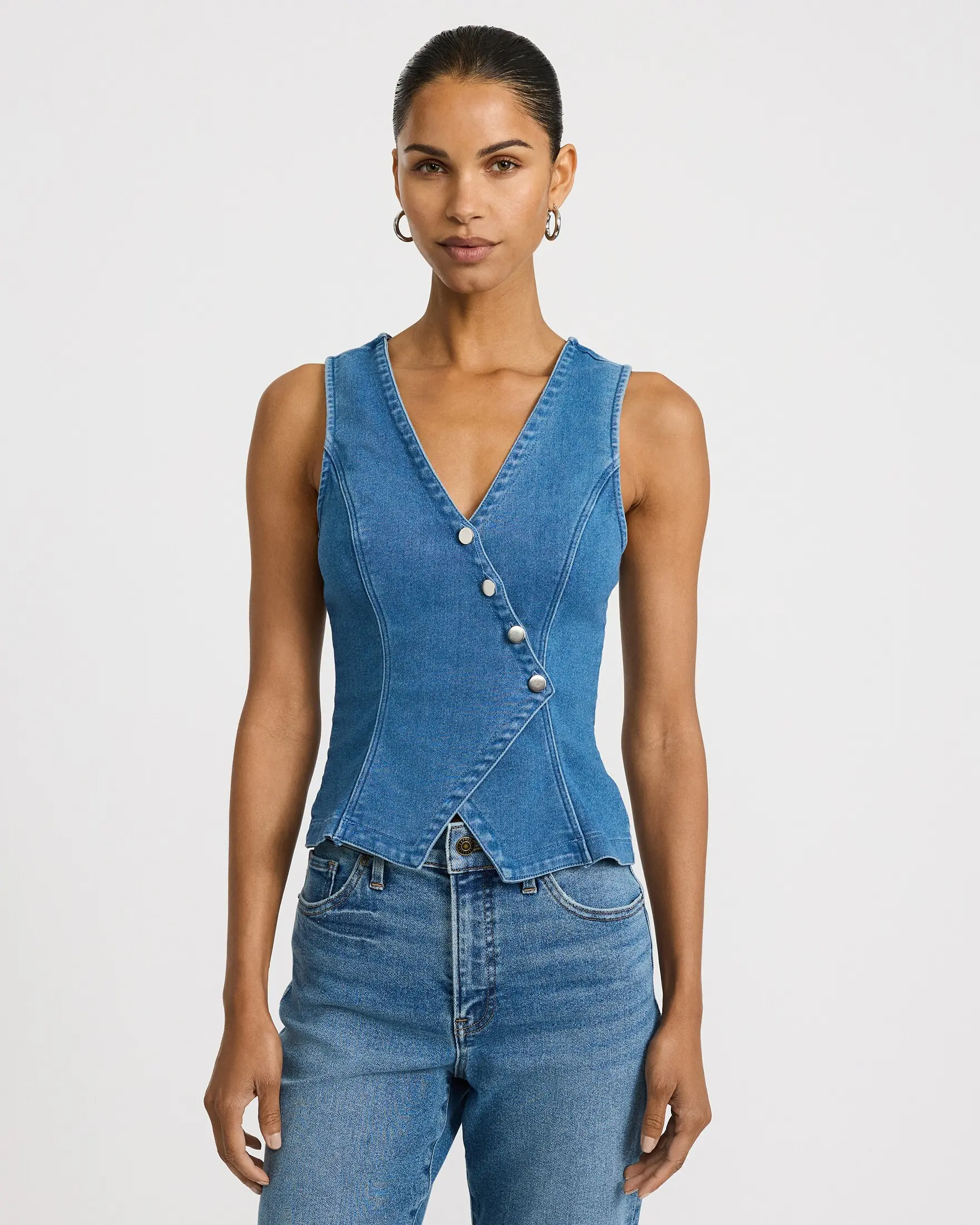 Express Women's Western Surplice Wrap Denim Vest, Sleeveless V-Neck with Cutaway Hem, Casual Medium Wash Polyester Blend, Western Look, Cotton-Poly Blend, Classic