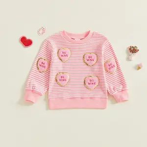 Toddler Girls Valentine's Day Sweatshirt Stripe Heart Embroidery Loose Fit Casual Crew Neck Long Sleeve Pullover