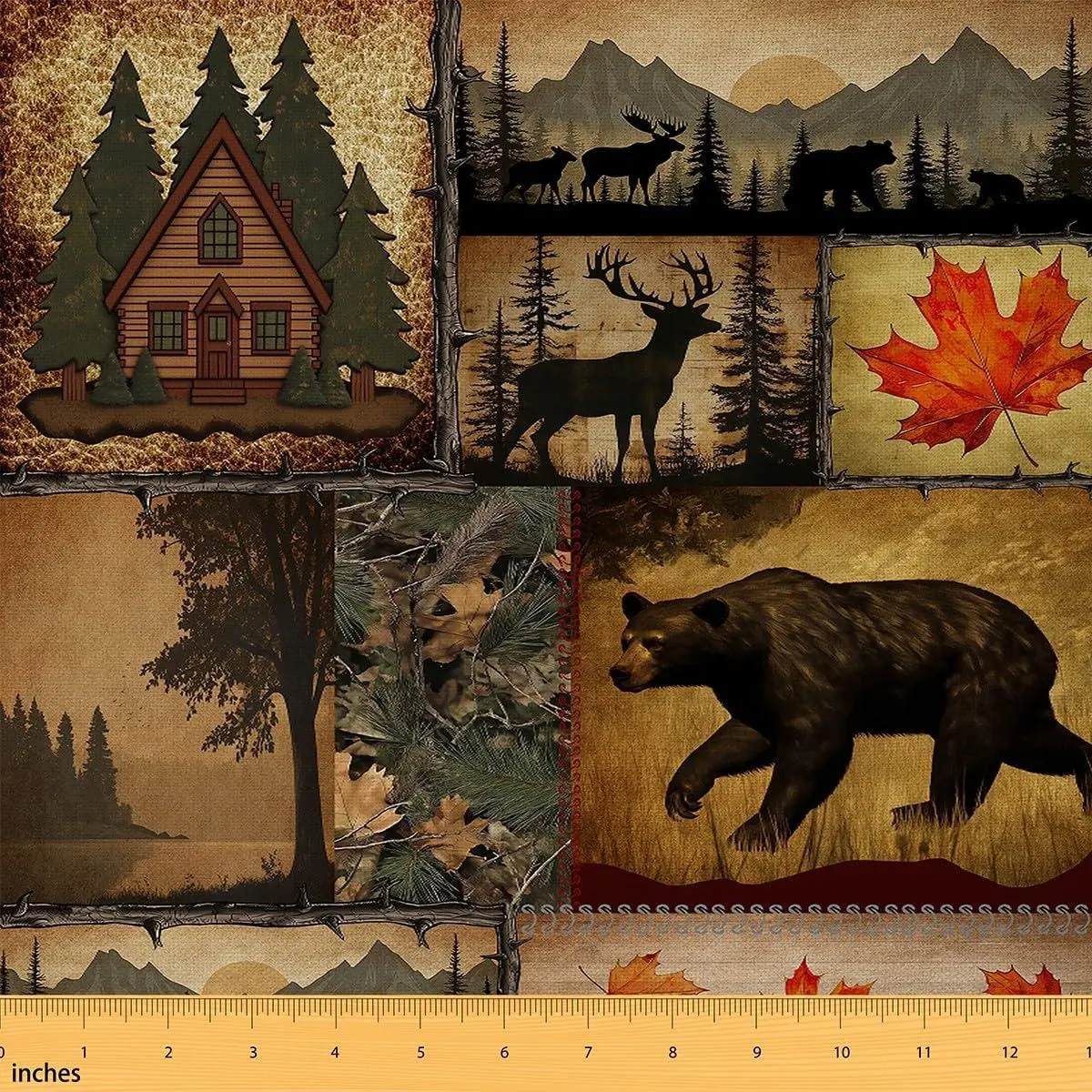 Cabin Bear Flannel Fabric Soft,Rustic Animal Upholstery Fabric Chairs Sofa,Retro Patchwork Decorative Fabric,Farmhouse Deer Decor Quilting Sewing,Not Stretchy