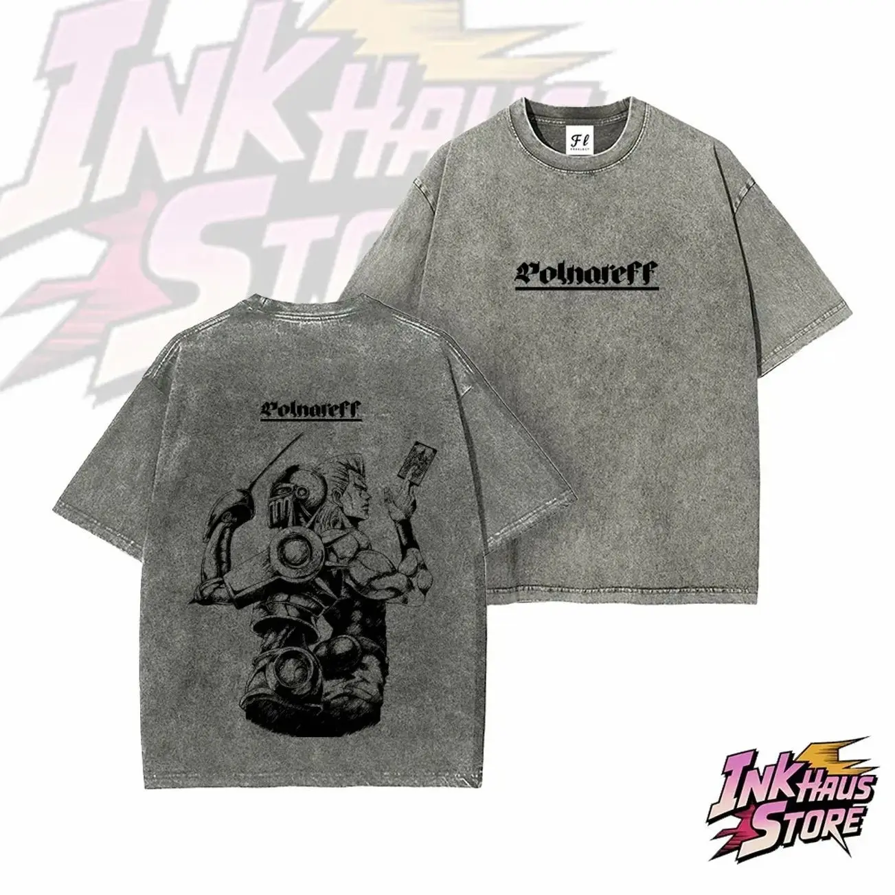 Jean Pierre Polnareff and his Stand, "Silver Chariot," from *JoJo's Bizarre Adventure*，anime fashion streetwear gym fit--Short Sleeve Cotton Unisex Retro wash Tee PTY