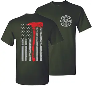 Thin Red Line Axe Firefighter T-Shirt – Distressed American Flag & Fire Dept Logo Tee, Olive Green Cotton Shirt For First Responders, Patriotic Gift For Firemen
