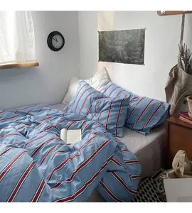Cotton Vintage Striped Duvet Cover Set 3 Piece Queen Bedding Set with Zipper Closure Blue Queen