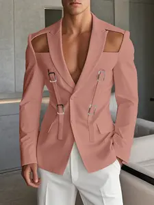 Autumn New European Men's Blouse Shirt, Unique Hollow Out Metal Button, Solid Color Slim Fit Jacket, Casual Suit, Elegant Formal Wear, Fashionable Outerwear