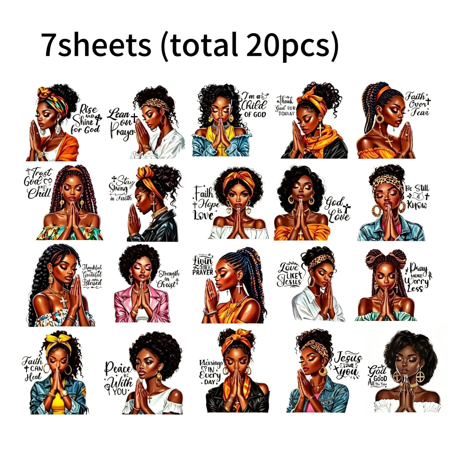 RW-7sheets(total 20pcs)transfer stickers for glass bottles, featuring an image of an African girl praying, waterproof and easy to use, suitable for DIY coffee cups and creative decorative stickers, Includes sticker