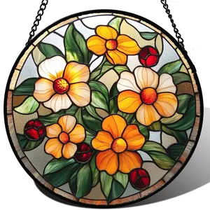 Yellow Wildflowers Stained Glass Suncatcher for Window Hanging, Floral Sun Catcher for Door Garden Home Decor Gift for Women Mom Nana